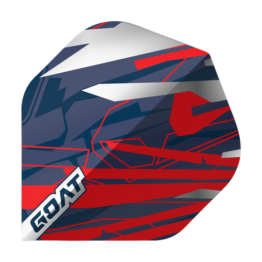 GOAT Homerun No2 Standard Flights Das Bild zeigt das Produkt "GOAT Homerun No2 Standard Flights". Es hat ein auffälliges Design in den Farben Blau, Rot, Weiß und Silber mit geometrischen Mustern und dem Schriftzug "GOAT" in einer Ecke.