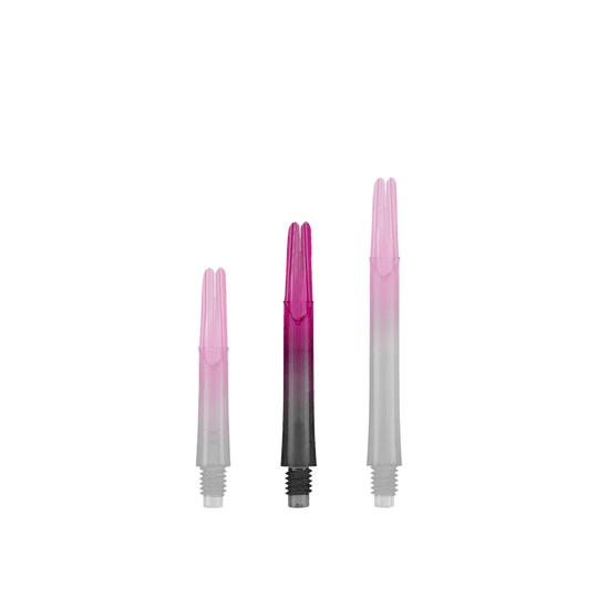 L-L-Style-Shaft Locked Straight Natural9 TwoTone Shafts - Pink Auf dem Bild sind drei unterschiedlich lange, zweifarbige Dartschäfte zu sehen. Sie sind unten schwarz und gehen nach oben in ein kräftiges Pink über.