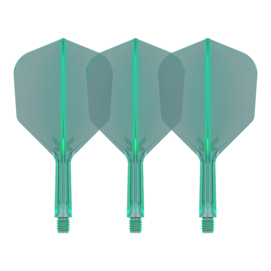Auf dem Bild sind drei grüne Dartflights mit integriertem Schaft zu sehen. Sie stehen nebeneinander und haben eine transparente Optik.