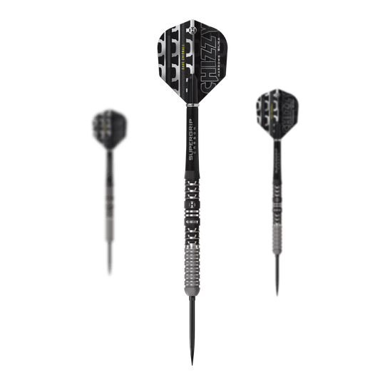 Abgebildet sind die Harrows Dave Chisnall Chizzy Series 4 Quick Point Steeldarts. Diese Steeldarts sind für Präzision und Leistung bekannt.