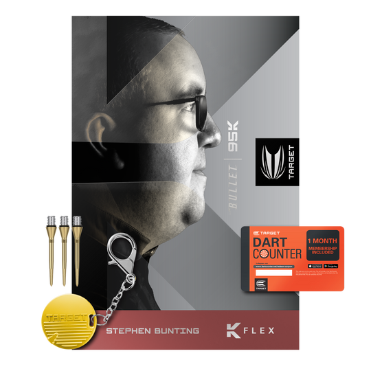 Target Stephen Bunting 95K Soft Darts - 19g Das Bild zeigt das Produkt "Target Stephen Bunting 95K Softdarts - 19g" mit Zubehör wie Dartspitzen, Schlüsselanhänger und einer Dart Counter Karte. Im Hintergrund ist ein Porträt von Stephen Bunting zu sehen.