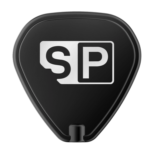 Das Bild zeigt das Produkt "Target Swiss Point Tool" in schwarzer Farbe mit einem weißen "SP"-Logo darauf. Das Tool hat eine dreieckige Form mit abgerundeten Kanten.