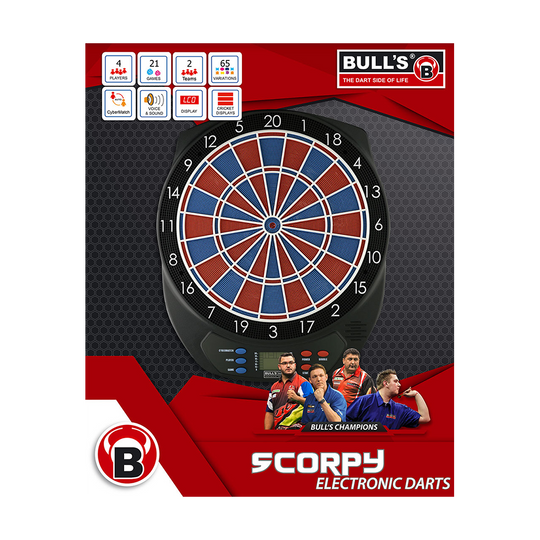 Das Bild zeigt das Produkt "Bulls Scorpy Elektronik Dartboard" in seiner Verpackung. Auf der Verpackung sind das Dartboard, verschiedene Funktionen und vier Dartspieler abgebildet.