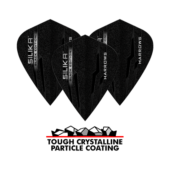 Das Bild zeigt drei schwarze Harrows Silika Black-Edition Kite Flights mit glänzender Beschriftung. Darunter steht „Tough Crystalline Particle Coating“ mit einer Grafik von Kristallen.