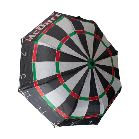 Auf dem Bild ist ein Regenschirm zu sehen, dessen Design wie eine Dartscheibe aussieht. Auf dem Schirm steht der Schriftzug „McDart“.