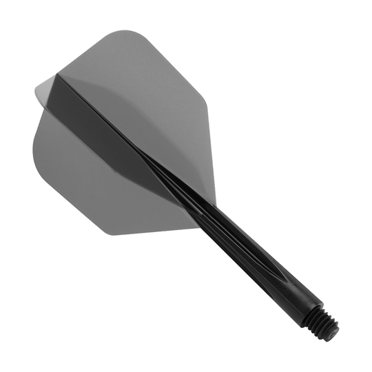 Das Bild zeigt das Produkt „Condor Zero-Stress Clear Black Flight System Small“. Es handelt sich um ein schwarzes Dartflight-System mit integriertem Schaft.