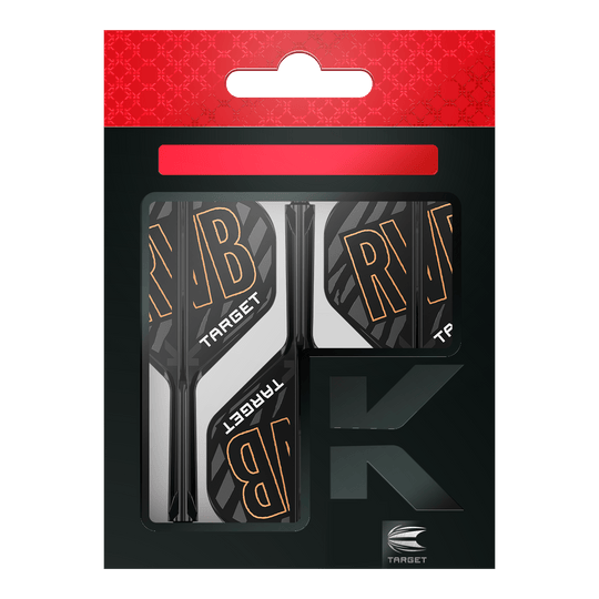 Target K-Flex Raymond Van Barneveld No2 Standard Flight Shaft System Auf dem Bild ist eine Verpackung mit Dartflights und -schäften der Marke Target zu sehen. Die Flights tragen die Buchstaben "RVB" und sind schwarz-weiß mit orangener Schrift gestaltet.