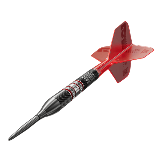 Target Gabriel Clemens 95K Swiss Point Steel Darts Das Bild zeigt einen Target Gabriel Clemens 95K Swiss Point Steeldart. Der Dart hat ein schwarzes Barrel mit roten Akzenten und rote Flights.
