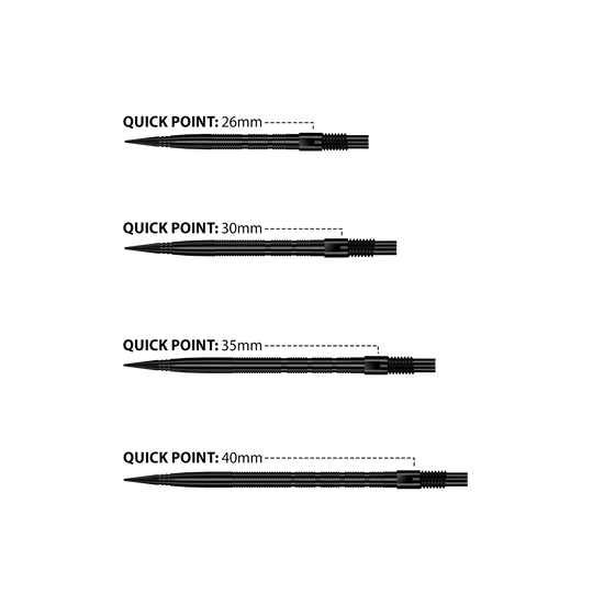 Harrows Quick Point Micro Ridge Dart Tips - Black Das Bild zeigt Harrows Quick Point Micro Ridge Dartspitzen in Schwarz. Die Dartspitzen sind schlank und für präzises Werfen geeignet.