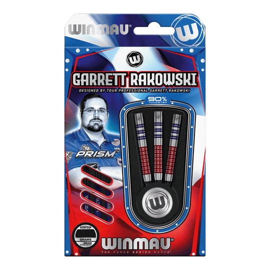 Winmau Garrett Rakowski soft darts - 20g Auf dem Bild ist eine Verpackung der "Winmau Garrett Rakowski Softdarts - 20g" zu sehen. Die Verpackung zeigt die Darts sowie ein Bild von Garrett Rakowski und ist in Blau, Rot und Weiß gestaltet.