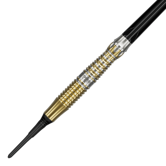 Abgebildet sind Target Black Marque Enzo Softdarts mit einem Gewicht von 18g. Diese Softdarts zeichnen sich durch ihr elegantes schwarzes Design aus.
