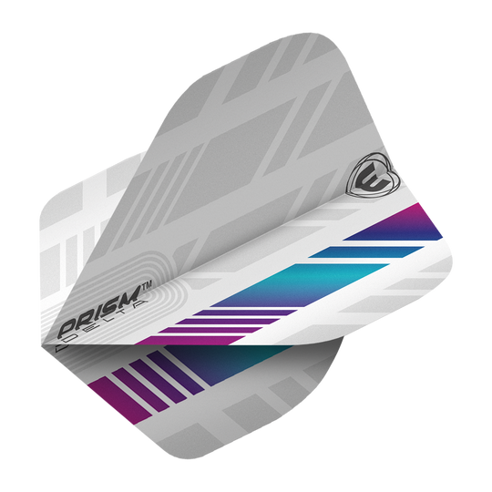 6915-213_Winmau_Prism_Delta_6915-213_Standard_Flights_2 Das Bild zeigt ein Winmau Prism Delta 6915.213 Standard Flight für Darts. Das Flight hat ein modernes Design mit grauen, lila und blauen Mustern.