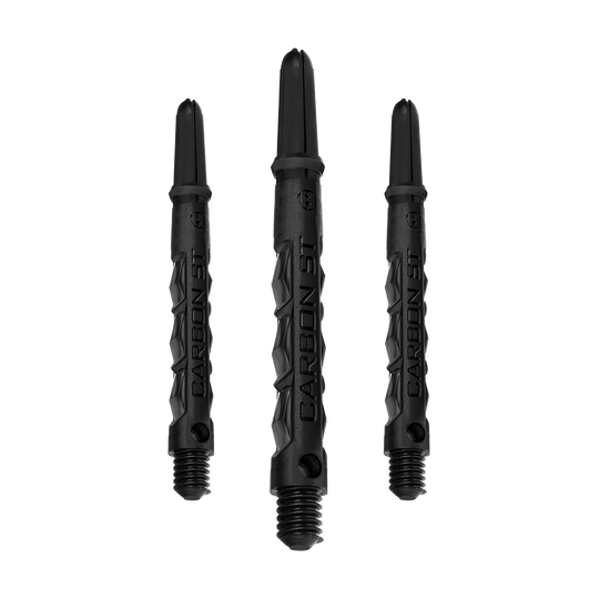 Das Bild zeigt drei schwarze Harrows Carbon ST Shafts. Sie sind Dartschäfte mit einem modernen, robusten Design.