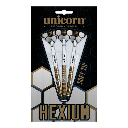 Unicorn Hexium Style 03 Gold & Black Soft Darts - 23g Abgebildet sind die Unicorn Hexium Style 03 Gold & Black Softdarts mit 23g. Die Pfeile zeichnen sich durch ihr elegantes Design in Gold und Schwarz aus.