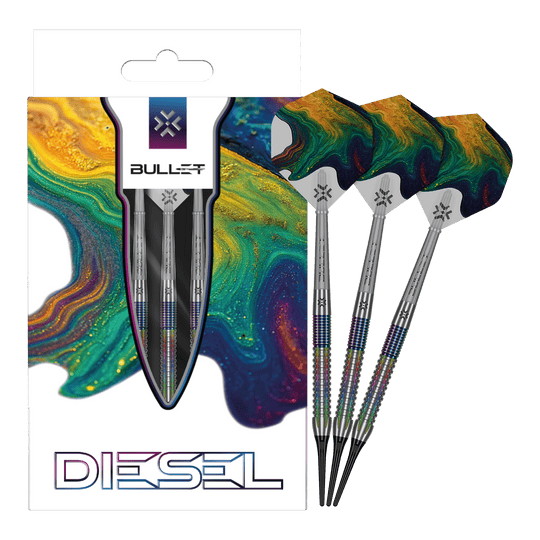 Auf dem Foto sind Bullet Diesel V2 20g Soft Darts zu sehen. Sie eignen sich gut für Softdartspieler.