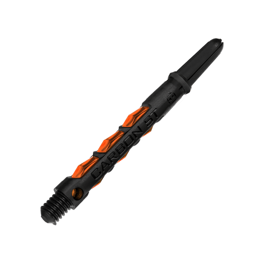 Auf dem Bild ist ein Harrows Carbon ST Shaft in Orange zu sehen. Der Schaft ist schwarz mit auffälligen orangefarbenen Akzenten gestaltet.