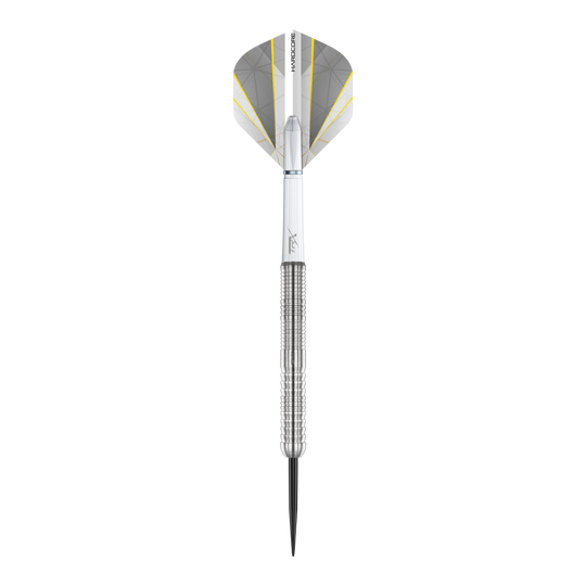 Red Dragon Seren 1 Pure Steeldarts Das Bild zeigt einen einzelnen Red Dragon Seren 1 Pure Steeldart. Der Dart ist silberfarben mit einem strukturierten Griff und einem weißen Flight mit gelben und grauen Akzenten.