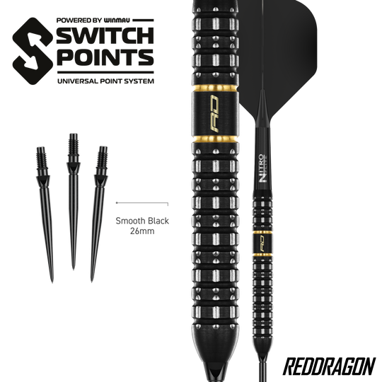 Das Bild zeigt die Red Dragon Ascend Parallel Switch Point Steeldarts. Die Darts sind seitlich abgebildet und zeigen das spezielle Barrel-Design.