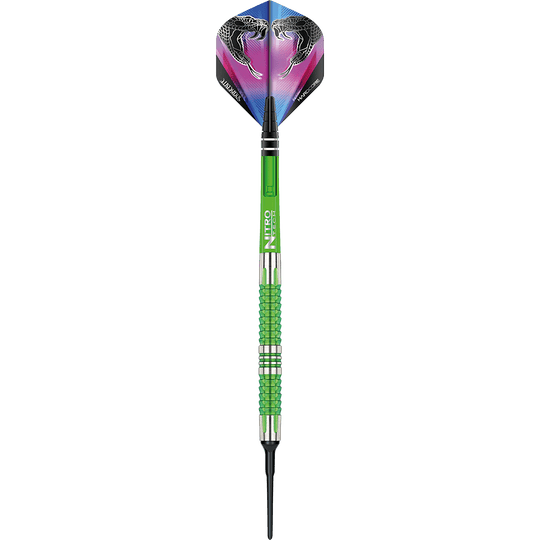 RD1917-Red-Dragon-Peter-Wright-Snakebite-Mamba-2-Softdarts-1ihegDLofLWykx Red Dragon Peter Wright Snakebite Mamba 2 Softdarts einzeln nebeneinander angeordnet. Die Barrels haben ein besonders auffälliges Muster.