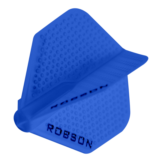 Robson Plus Dimple Flights - Blau Das Bild zeigt das Produkt "Robson Plus Dimple Flights - Blau". Es handelt sich um einen blauen Dartflug mit strukturierter Oberfläche und dem Aufdruck "ROBSON".