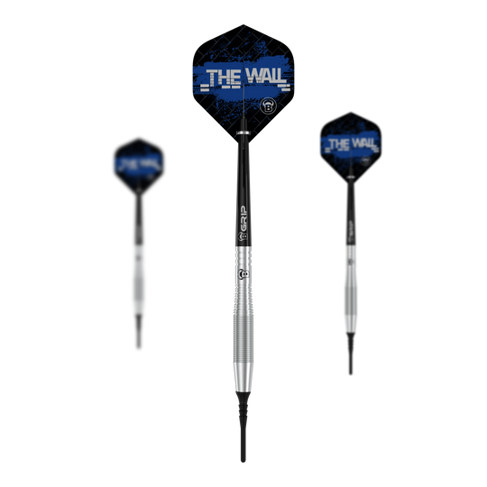 Bulls Martin Schindler TW80 soft darts - 18g Das Bild zeigt drei Softdarts des Modells "Bulls Martin Schindler TW80" mit einem Gewicht von 18g. Die Flights der Darts sind schwarz-blau und tragen die Aufschrift "THE WALL".