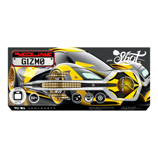 Shot Redline Gizmo Soft Darts - 20g Auf dem Bild ist das Produkt "Shot Redline Gizmo Softdarts - 20g" abgebildet. Im Hintergrund ist ein sportliches, gelb-schwarzes Auto zu sehen, das das dynamische Design der Softdarts unterstreicht.