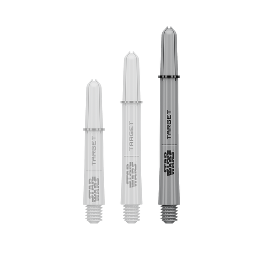 Target Star Wars ProGrip Shafts - Gray Das Bild zeigt ein Dart-Zubehör mit dem Dateinamen 380432_Target_StarWars_ProGrip_Shafts_Grau_Medium_48mm_1. Es handelt sich wahrscheinlich um einen einzelnen grauen Medium ProGrip Shaft von Star Wars mit 48mm Länge.