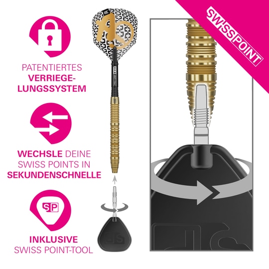 Auf dem Bild erkennt man die Target Bolide Envy 01 Swiss Point Steeldarts. Die Steeldarts bieten eine ausgezeichnete Balance für präzises Spielen.