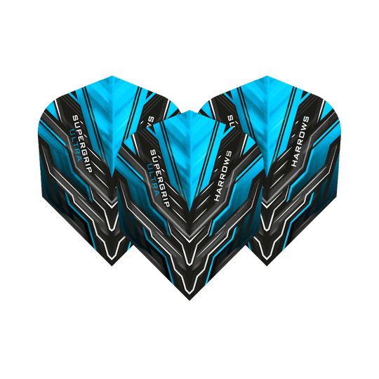 Das Bild zeigt drei Dart-Flights des Modells "Harrows Supergrip Ultra Aqua Standard". Die Flights sind in den Farben Blau, Schwarz und Weiß gestaltet und tragen den Schriftzug "Harrows" und "Supergrip Ultra".