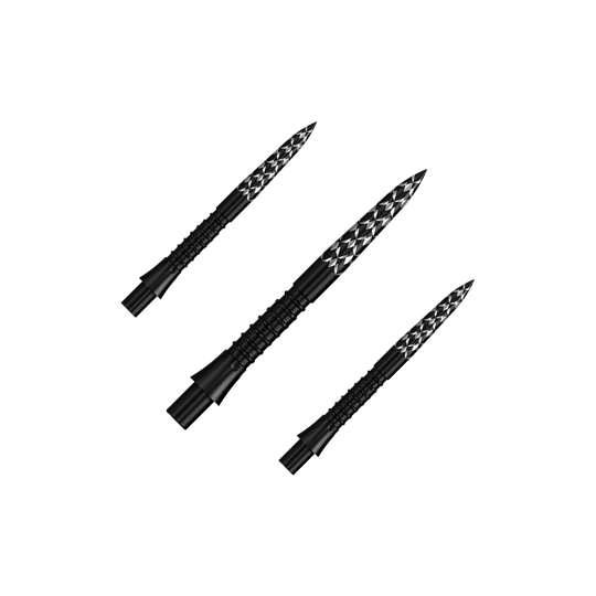 Das Bild zeigt ein Set schwarzer Steeldartspitzen mit GV-Logo, 26 mm lang. Diese Spitzen sind speziell für Dartpfeile entwickelt worden.