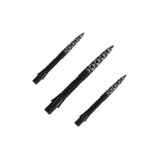Mission Caliburn EVO dart tips GV logo - Black Das Bild zeigt ein Set schwarzer Steeldartspitzen mit GV-Logo, 26 mm lang. Diese Spitzen sind speziell für Dartpfeile entwickelt worden.