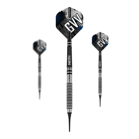Red Dragon Gian Van Veen Tour Edition Softdarts - 20g Das Bild zeigt die Red Dragon Gian Van Veen Tour Edition Softdarts mit einem Gewicht von 20g. Die Pfeile haben schwarze und silberne Details sowie Flights mit dem Aufdruck "GVV".