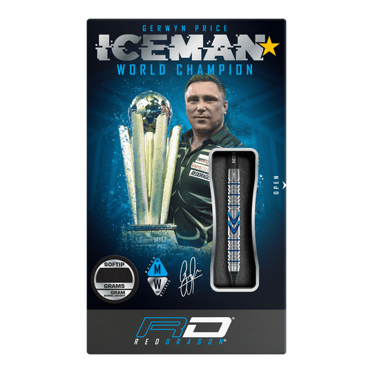 Red Dragon Gerwyn Price Iceman Midnight Edition Soft Darts - 20g Die Verpackung zeigt die Red Dragon Gerwyn Price Iceman Midnight Edition Softdarts mit einem Gewicht von 20g. Auf der Vorderseite sind ein Bild von Gerwyn Price und ein Dartpfeil abgebildet.