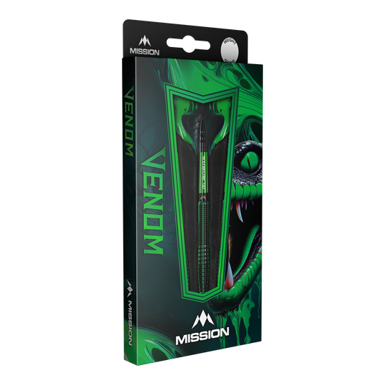 Mission Venom steel darts Die Abbildung zeigt eine Packung der "Mission Venom Steeldarts". Die Verpackung ist hauptsächlich grün und schwarz gestaltet und zeigt ein auffälliges Schlangendesign.