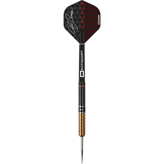 Auf dem Bild ist ein Steeldartpfeil zu sehen. Der Pfeil hat schwarze und goldene Details sowie eine schwarze Flights mit rotem Muster und einer Unterschrift.