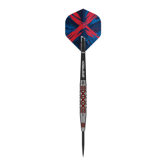 Abgebildet ist einer der GOAT Strikes Steeldarts. Der Dart ist schlank und aus Metall gefertigt.