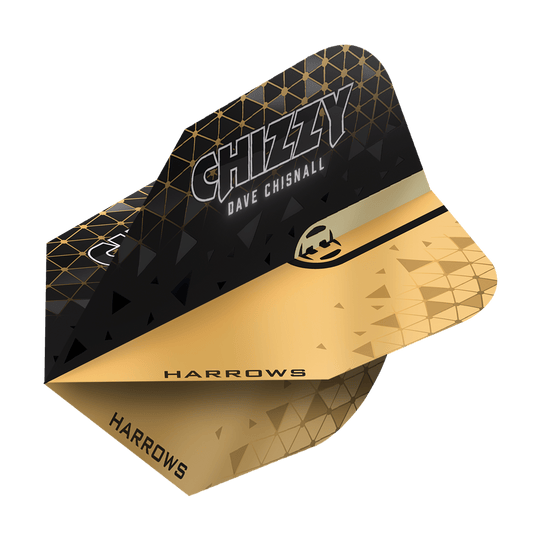 Harrows Prime Dave Chisnall Chizzy 2 No6 Flights Das Bild zeigt ein Harrows Prime Dave Chisnall Chizzy 2 No6 Flight. Das Flight ist schwarz-gold gestaltet und trägt den Aufdruck "CHIZZY DAVE CHISNALL" sowie das Harrows-Logo.