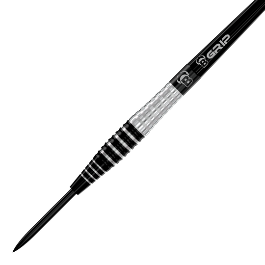 Das Bild zeigt den Bulls Martin Schindler Original Generation 3 Steeldart. Der Dart hat ein silber-schwarzes, geriffeltes Griffstück und eine spitze Metallspitze.