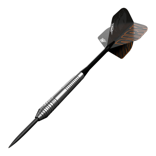 Bulls NL Dirk Van Duijvenbode 80 steel darts Dies ist ein Steeldart aus der Serie "Bulls NL Dirk Van Duijvenbode 80". Der Dart hat ein silbernes, geriffeltes Barrel und schwarze Flights mit orangefarbener Aufschrift.