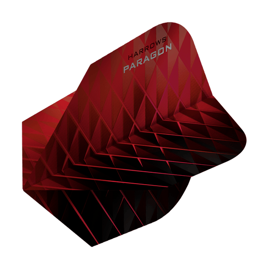 Das Bild zeigt das Produkt "Harrows Paragon Red No2 Standard Flights". Die Dartflight ist rot und hat ein modernes, geometrisches Muster.