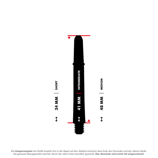 110181_Target_Pro_Grip_Shafts_5_41mm_3VariantenjO7SsFRn6Y7MQ Das Bild zeigt drei verschiedene Längen von Target Pro Grip Shafts: Short (34 mm), Intermediate (41 mm) und Medium (48 mm). Die roten Linien markieren die Messpunkte für die Längenangabe, das Gewinde wird dabei nicht mitgerechnet.