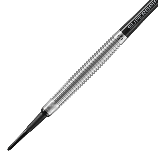 Harrows Shard Soft Darts Das Bild zeigt einen Harrows Shard Softdart mit silbernem, gerilltem Griffbereich. Die Spitze ist schwarz und die Schaftaufschrift lautet "Supergrip".