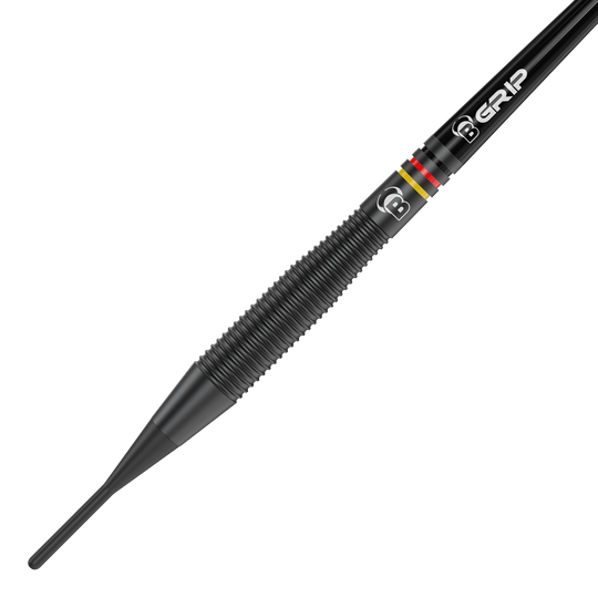 Das Bild zeigt einen schwarzen Softdart mit auffälligen Rillen für besseren Halt. Auf dem Dart sind außerdem farbige Ringe und die Aufschrift "B GRIP" zu sehen.