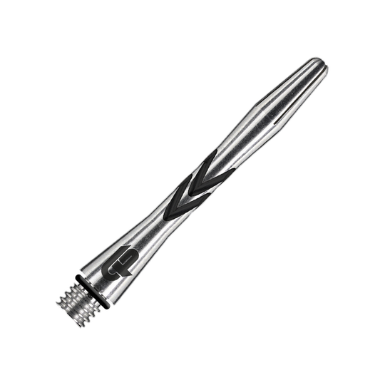 Das Bild zeigt einen Red Dragon Gerwyn Price V-Groove Black Aluminium Shaft in 36 mm Länge. Der Schaft ist silberfarben mit schwarzen Rillen und hat ein Schraubgewinde am Ende.
