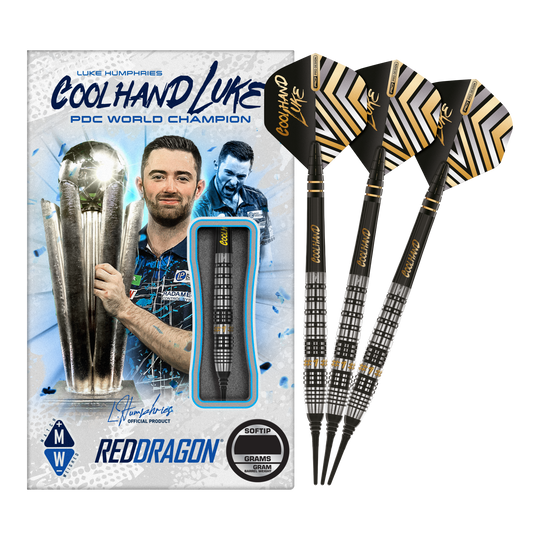 Red Dragon Luke Humphries Prestige Soft Darts - 20g Auf dem Bild sind die Red Dragon Luke Humphries Prestige Softdarts mit 20g Gewicht zu sehen. Die Verpackung zeigt ein Bild von Luke Humphries und die Darts sind schwarz mit silbernen und goldenen Details.