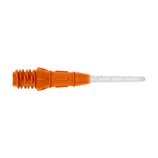 Das Bild zeigt eine zweifarbige Kunststoffspitze, die auf einer Seite orange und auf der anderen weiß ist. Es handelt sich um eine Ersatzspitze für ein elektronisches Dart.