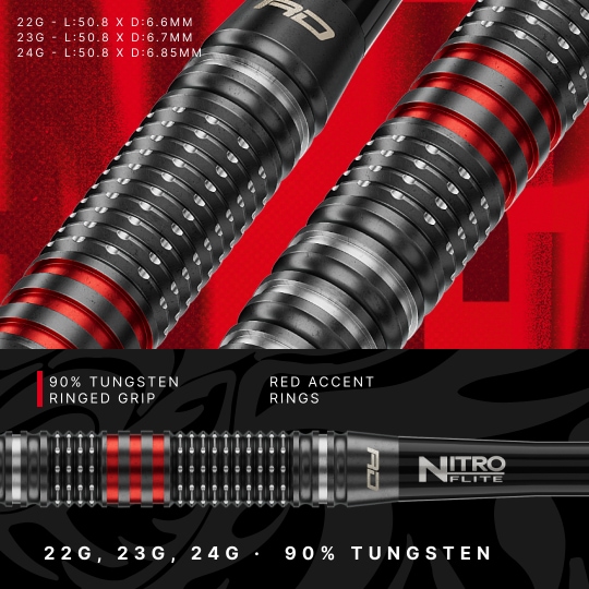 Hier sieht man die Red Dragon Jonny Clayton RD-PRO Switch Point Steeldarts. Die Pfeile sind aus Metall und mit schwarzen Elementen versehen.