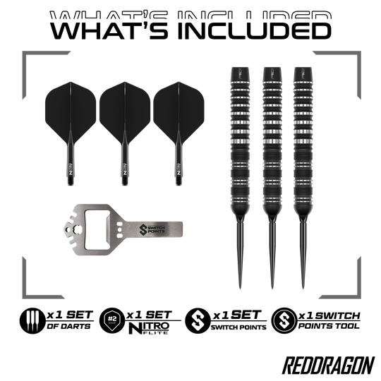 Hier ist der Red Dragon Sable Parallel Switch Point Steeldarts zu sehen. Diese Steeldarts stehen für Qualität und Langlebigkeit.
