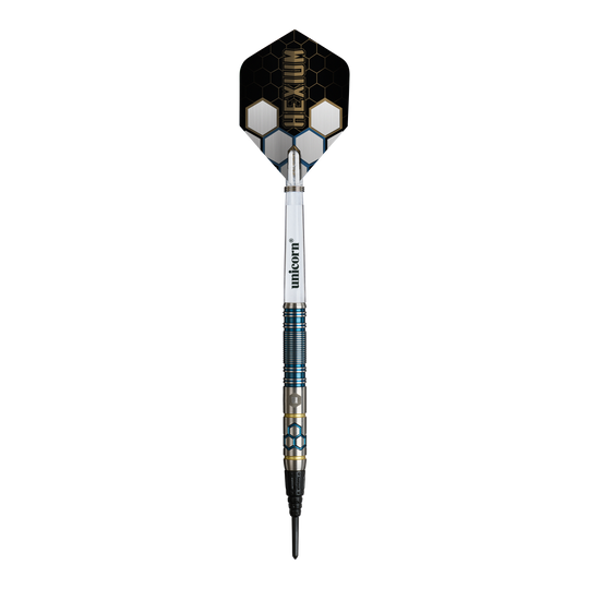 Hier sieht man die Unicorn Hexium Style 02 Blue & Gold Softdarts - 21g. Die Darts sind in Blau und Gold gehalten.