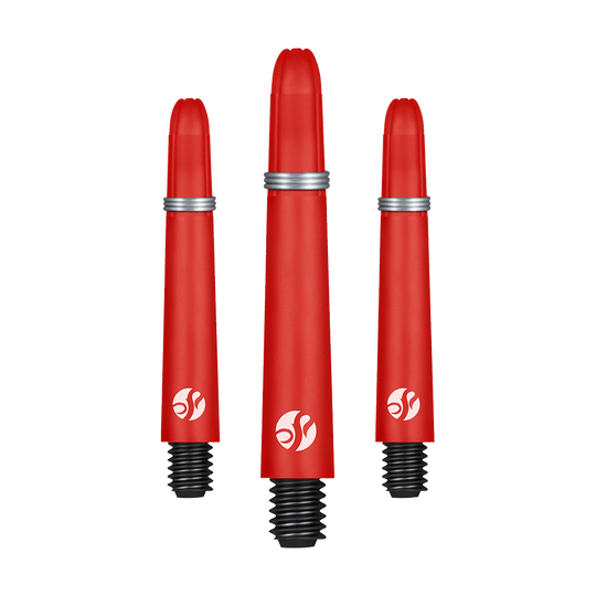 Shot Koi Carbon Shafts - Red Auf dem Bild sind drei rote Dartschäfte in unterschiedlichen Längen zu sehen. Sie haben silberne Ringe und ein weißes Logo am unteren Ende.
